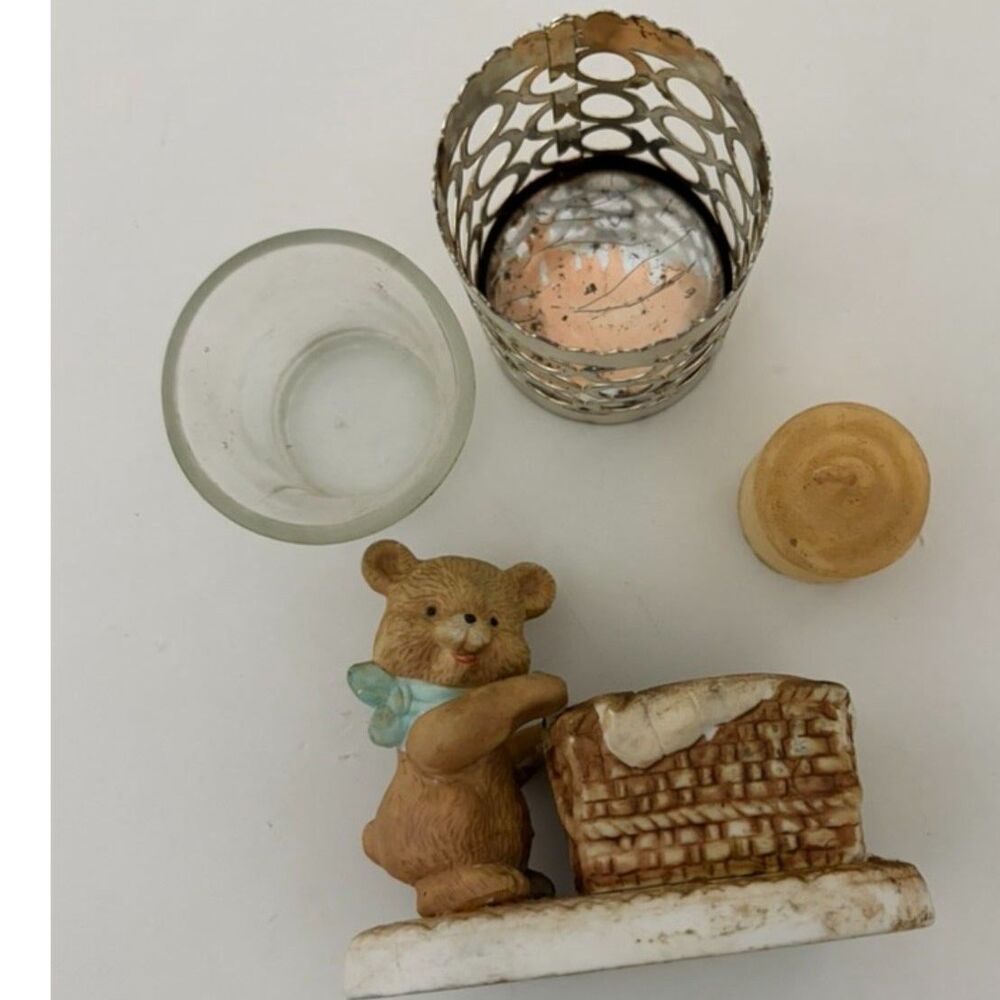 Vtg. ceramic bear planter and metal votive holder